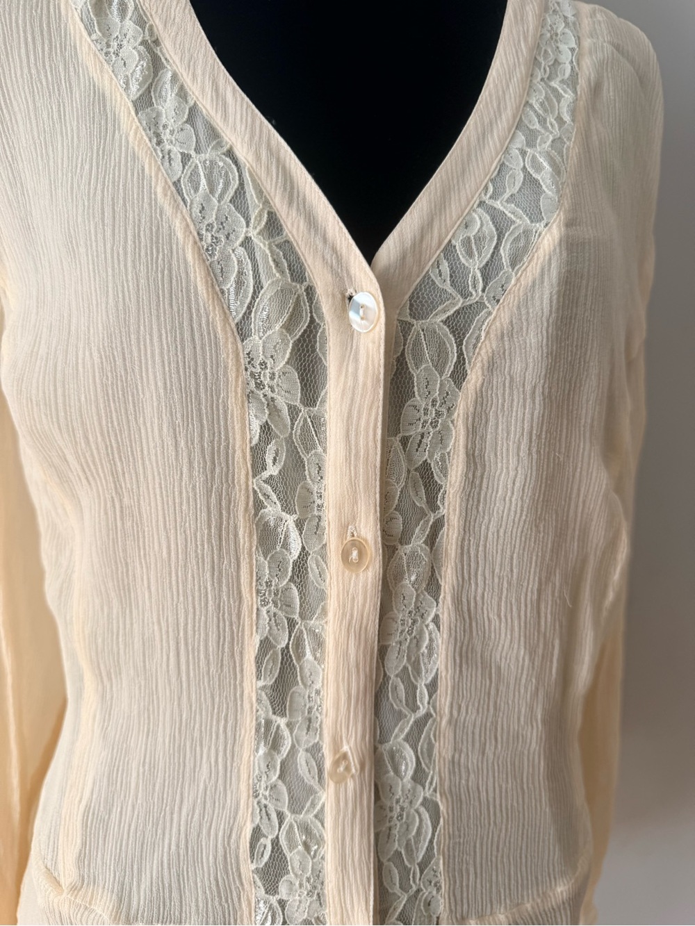 Vintage Avenue Cream Lace-Trim Button Front 100% Silk Blouse - Picture 2 of 4